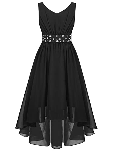 CHICTRY Mädchen Chiffon Kleider Festlich Blumenmädchen Kleid mit unregelmäßige Wickelrock Strass Glänzend Partykleid Geburtstag Festzug Gr.116-164 Schwarz D 170-176 von CHICTRY