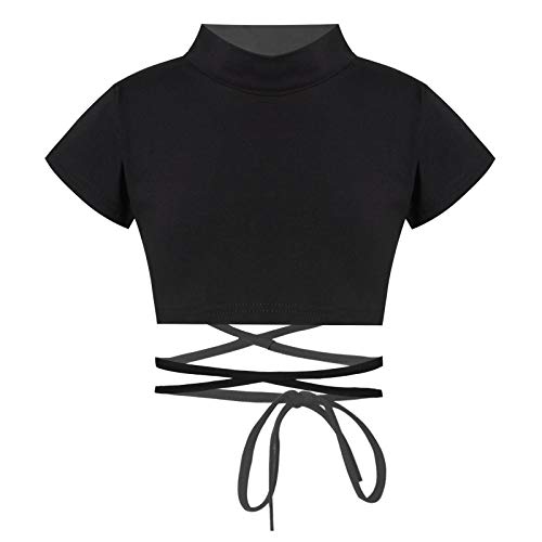 CHICTRY Mädchen Tops T-Shirt Crop Top Bauchfrei Oberteile Ballettkleidung mit Schnür Gymnastikanzug Tanz Top Sport Yoga Kleidung Gr. 98-164 A_Schwarz 158-164 von CHICTRY