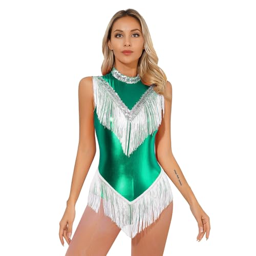 CHICTRY Metallic Body Damen Fransen Quaste Tanzbody Ballett Latein Trikot Mit Pailletten Stehkragen Ärmellos Tanzkleid Standard Cha Cha Salsa Tanzkostüm Grün M von CHICTRY