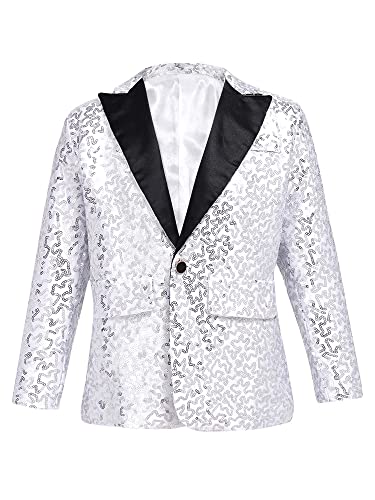 CHICTRY Pailletten Sakko Kinder Junge Jacke Slim Fit Glitzer Anzugjacke Party Revers Blazer Anzug Jacket Mit EIN Knopf Festlich Silber 134-140 von CHICTRY