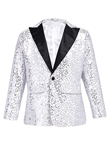 CHICTRY Pailletten Sakko Kinder Junge Jacke Slim Fit Glitzer Anzugjacke Party Revers Blazer Anzug Jacket Mit EIN Knopf Festlich Silber 158-164 von CHICTRY