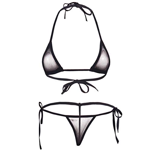 CHICTRY Transparenter Damen Bikini Sets aus Netz Triangel Bikinis Frauen Schwimmanzug Badeanzug Lingerie Babydoll BH und Micro String Schwarz One Size von CHICTRY