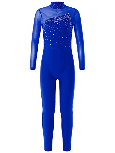 CHICTRY Turnanzug Ganzkörper Kinder Mädchen Langarm Gymnastikanzug Strass Glitzer Ballett Body Patchwork Gymnastik Turnen Leotard Mit Cut Out Dancewear Royal Blau 134-140 von CHICTRY