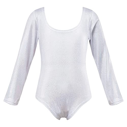 CHICTRY Turnanzug Kinder Mädchen Langarm Metallic Gymnastikanzug Turnen Glänzend Rundhals Ballett Body Trikot Für Gymnastik Wettkampf Gr. 92-128 Silber C 128-134 von CHICTRY