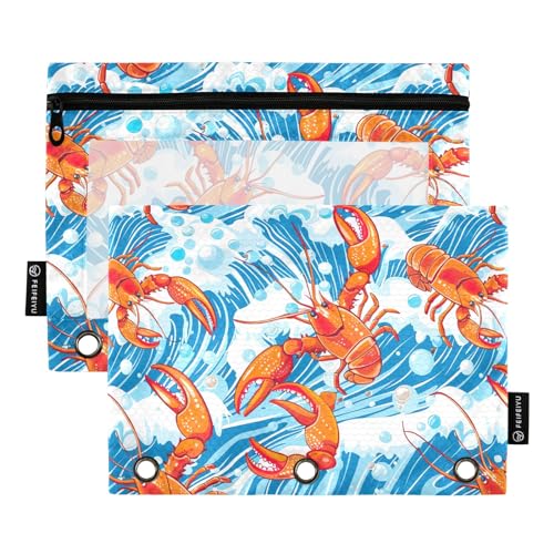 CHIFIGNO Federmäppchen, orangefarbener Hummer, Blau, Meereswellen, Federmäppchen für 3-Ringbuch mit transparentem Fenster, Binder, Reißverschlusstasche, Tasche für Büro, College, 2 Stück CHIFIGNO Federmäppchen, orangefarbener Hummer, Blau, Meereswellen, Federmäppchen für 3-Ringbuch mit transparentem Fenster, Binder, Reißverschlusstasche, Tasche für Büro, College, 2 Stück von CHIFIGNO