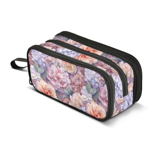 CHIFIGNO Federmäppchen mit 3 Fächern, Aquarell-Pfingstrosen und Hortensien, Make-up-Tasche für Erwachsene, Mädchen, Damen, Herren, Jungen, Reißverschlusstasche von CHIFIGNO