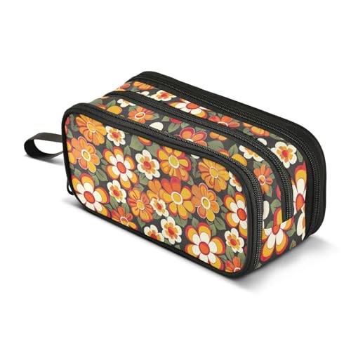 CHIFIGNO Federmäppchen mit 3 Fächern, Retro-Stil, Hippie-Blumenmotiv, für Erwachsene, Mädchen, Damen, Herren, Jungen, Orange von CHIFIGNO