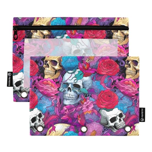 CHIFIGNO Federmäppchen mit bunten Totenköpfen und Blumen, 3-Ringbuch, niedliches Federmäppchen mit transparentem Fenster, Make-up-Tasche, Schule, Büro, Organizer, 2 Stück CHIFIGNO Federmäppchen mit bunten Totenköpfen und Blumen, 3-Ringbuch, niedliches Federmäppchen mit transparentem Fenster, Make-up-Tasche, Schule, Büro, Organizer, 2 Stück von CHIFIGNO