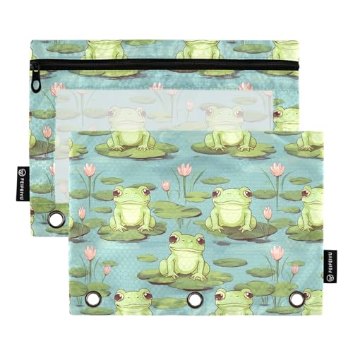 CHIFIGNO Funny Frogs Lotus Federmäppchen für 3-Ringbuch, Federmäppchen mit transparentem Fenster, Stifteetui für Zuhause, Büro, 2 Stück von CHIFIGNO