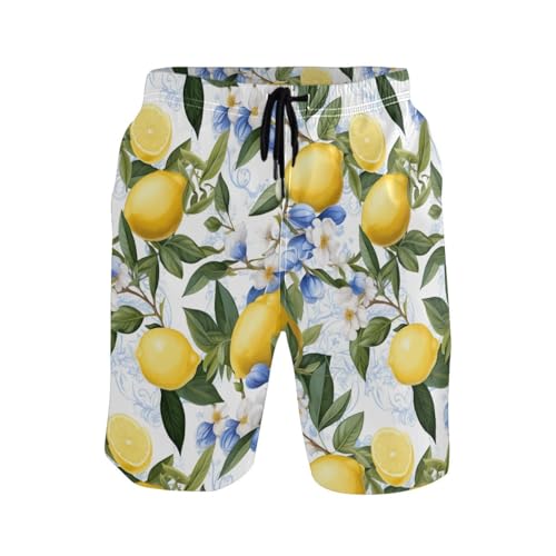 CHIFIGNO Modische Herren-Badeshorts, Sommer, Strand-Shorts, lustige Badeshorts für Herren mit Netzfutter, Zitronen und blaues Blumenmuster, Medium CHIFIGNO Modische Herren-Badeshorts, Sommer, Strand-Shorts, lustige Badeshorts für Herren mit Netzfutter, Zitronen und blaues Blumenmuster, Medium von CHIFIGNO