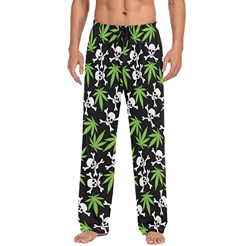 Lustige tanzende Skelett-Pyjamahose Herren Separate Hose Loungehose Casual Kordelzug Nachtwäsche mit Taschen, Cannabisblätter Totenköpfe, L von CHIFIGNO