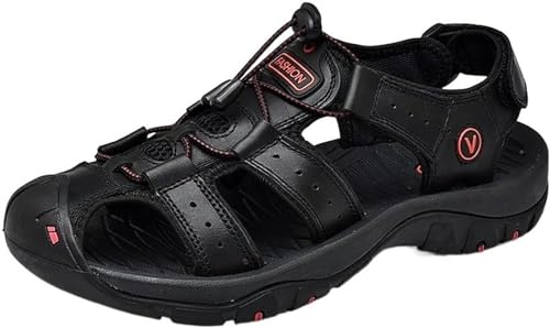 CHJJZXBF Freizeit-Sandalen für Herren, geschlossener Zehenbereich, Fischer-Sandale, verstellbare, lederbeständige Sommersandalen,45,Black von CHJJZXBF