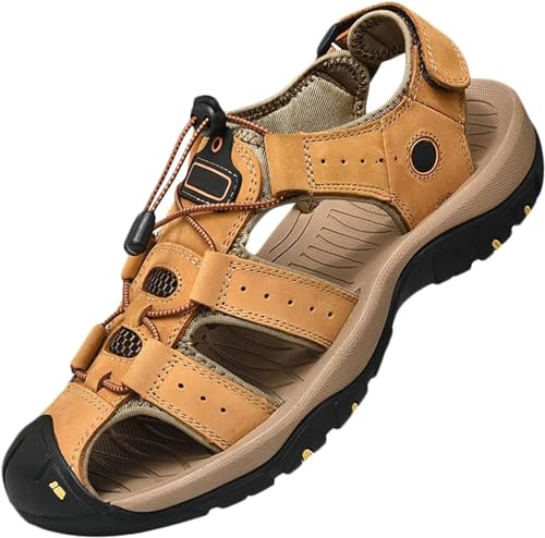 CHJJZXBF Herren Geschlossene Zehe Wandern Sandalen Sport Outdoor Wanderschuhe für Sommer Leder Trekkingsandalen Atmungsaktive Strand Sandale Männer,43,Yellow von CHJJZXBF