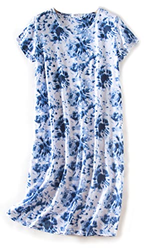 CHUNG Damen Nachthemden Kurzarm Nachtkleid Schlafhemd Sommer Schlafshirt Kurzarmshirt Baumwolle Nachtwäsche Mit Sterne Animals Tie-Dyed Blue, M von CHUNG