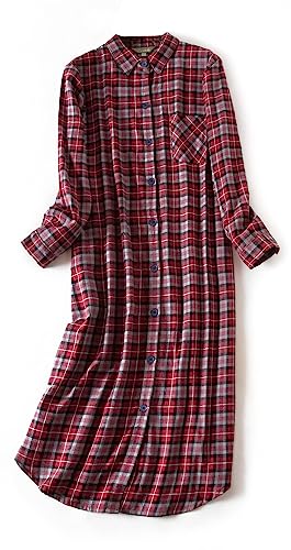 CHUNG Damen Nachthemd Kariertes Nachtkleid Langärmeliges Nachtshirt Kuscheliges Flanell Nachtwäsche aus gebürsteter Baumwolle Gray Red M von CHUNG