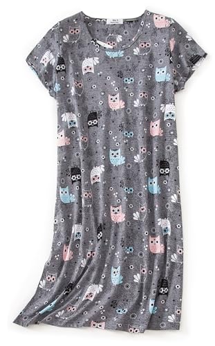 CHUNG Damen Nachthemden Kurzarm Nachtkleid Schlafhemd Sommer Schlafshirt Kurzarmshirt Baumwolle Nachtwäsche Mit Sterne Animals-HappyOwl, XL von CHUNG