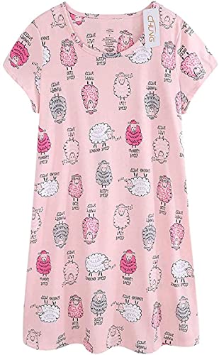 CHUNG Damen Nachthemden Kurzarm Nachtkleid Schlafhemd Sommer Schlafshirt Kurzarmshirt Baumwolle Nachtwäsche Mit Sterne Animals Pink Sheep, M von CHUNG