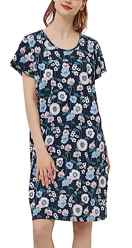 CHUNG Damen Nachthemden Kurzarm Nachtkleid Schlafhemd Sommer Schlafshirt Kurzarmshirt Baumwolle Nachtwäsche Mit Sterne Animals Daisy, M von CHUNG