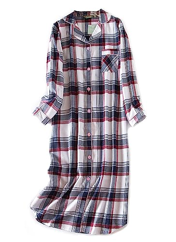 CHUNG Damen Nachthemd Kariertes Nachtkleid Langärmeliges Nachtshirt Kuscheliges Flanell Nachtwäsche aus gebürsteter Baumwolle Grey/Red/Wit 2XL von CHUNG