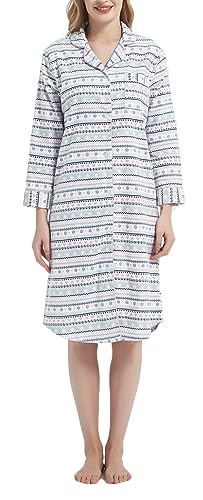 CHUNG Damen Nachthemd Kariertes Nachtkleid Langärmeliges Nachtshirt Kuscheliges Flanell Nachtwäsche aus gebürsteter Baumwolle Schneeflocke XL von CHUNG