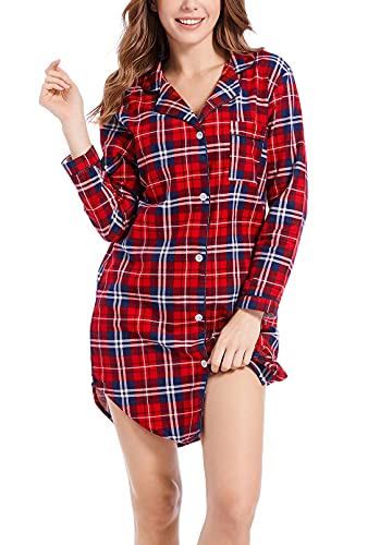 CHUNG Damen Nachthemd Langarm Knopfleiste Frauen Kariertes Schlafhemd Plaid Schlafshirt Tartan Pyjamas Flanell Baumwolle RedPlaid M von CHUNG