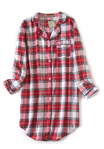 CHUNG Damen Nachthemd Langarm Knopfleiste Frauen Kariertes Schlafhemd Plaid Schlafshirt Tartan Pyjamas Flanell Baumwolle RedWtPlaid 2XL von CHUNG