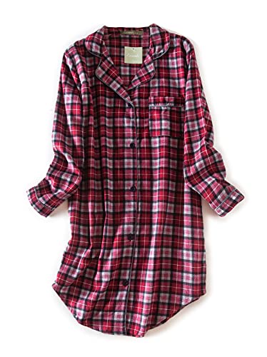 CHUNG Damen Nachthemd Langarm Knopfleiste Frauen Kariertes Schlafhemd Plaid Schlafshirt Tartan Pyjamas Flanell Baumwolle GryRedPlaid L von CHUNG