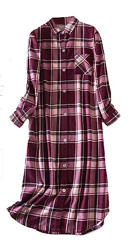 CHUNG Damen Nachthemd Kariertes Nachtkleid Langärmeliges Nachtshirt Kuscheliges Flanell Nachtwäsche aus gebürsteter Baumwolle Burgndy 2XL von CHUNG