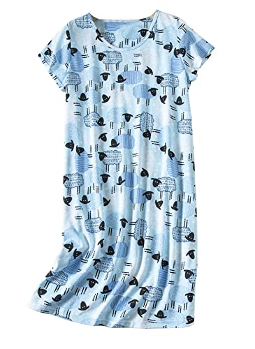 CHUNG Damen Nachthemden Kurzarm Nachtkleid Schlafhemd Sommer Schlafshirt Kurzarmshirt Baumwolle Nachtwäsche Mit Sterne Animals BlueSheep, XL von CHUNG