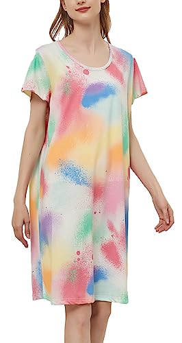 CHUNG Damen Nachthemden Kurzarm Nachtkleid Schlafhemd Sommer Schlafshirt Kurzarmshirt Baumwolle Nachtwäsche Mit Sterne Animals Colorful Summe, S von CHUNG