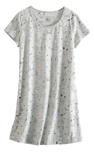 CHUNG Damen Nachthemden Kurzarm Nachtkleid Schlafhemd Sommer Schlafshirt Kurzarmshirt Baumwolle Nachtwäsche Mit Sterne Animals GreyKitty, M von CHUNG