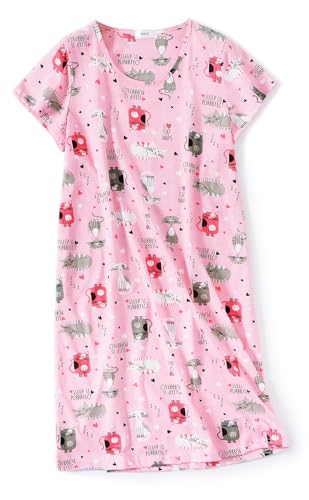 CHUNG Damen Nachthemden Kurzarm Nachtkleid Schlafhemd Sommer Schlafshirt Kurzarmshirt Baumwolle Nachtwäsche Mit Sterne Animals Pink Cat, XL von CHUNG