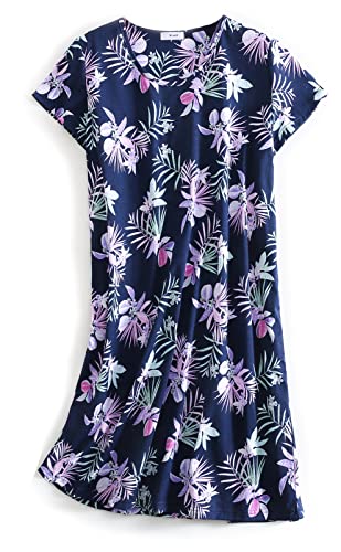 CHUNG Damen Nachthemden Kurzarm Nachtkleid Schlafhemd Sommer Schlafshirt Kurzarmshirt Baumwolle Nachtwäsche Mit Sterne Animals Purple Flowe, L von CHUNG