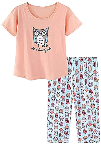 CHUNG Damen Schlafanzug Capri Pyjama Kurzen Ärmeln 3/4 Lange Hose Mit Sternen Animal Print, OrangeOwl 2XL von CHUNG