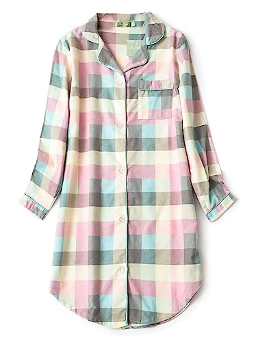 CHUNG Damen Nachthemd Langarm Knopfleiste Frauen Kariertes Schlafhemd Plaid Schlafshirt Tartan Pyjamas Flanell Baumwolle GrnPlaid XL von CHUNG