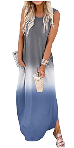 CHUNTIANRAN Damen Maxikleid Sommer Casual Sommerkleid Ärmellos Lange Kleider Hawaii Strand Maxikleid mit Taschen, Grau Weiß Blau, X-Groß von CHUNTIANRAN