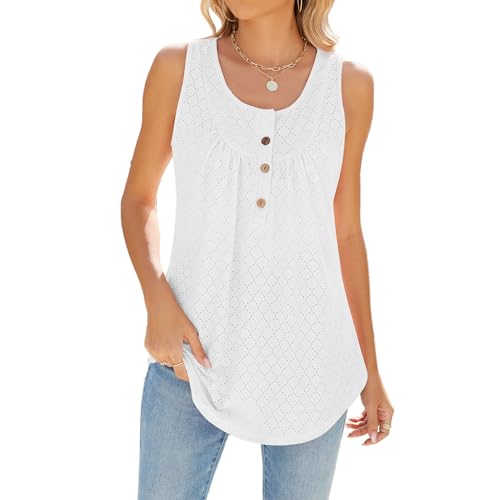 CIZEUR Sommer Tank Top Lang Damen Locker Oberteile Ärmellose V-Ausschnitt mit Knöpfen Tops Casual Elegant T Shirts Bluse,Weiß XL von CIZEUR