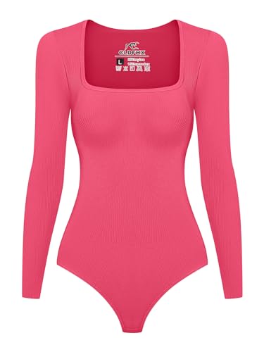 CLDFHX Damen Bodysuit Langarm Gerippt Sexy Slimming Jumpsuit Integrierter Oberteil Damen Elegant Nahtlos mit Eckigem Ausschnitt, Rosa, S von CLDFHX