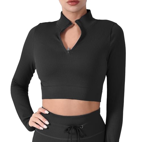 CLDFHX Damen Sport Crop Tops Nahtlos Rippshirt Damen Top Langarm mit Reissverschluss für Gym Yoga Workout, Schwarz, L von CLDFHX