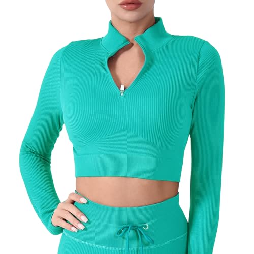 CLDFHX Damen Top Bauchfreies Sportshirt Nahtlos 1/2 Reißverschluss Laufshirt Fitness Stehkragen Oberteile, Grün, S von CLDFHX