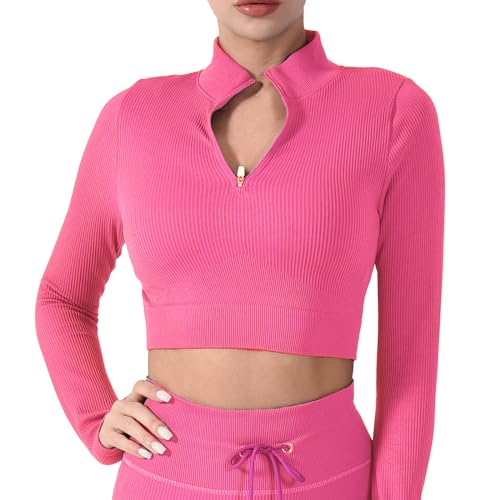 CLDFHX Damen Top Bauchfreies Sportshirt Nahtlos 1/2 Reißverschluss Laufshirt Fitness Stehkragen Oberteile, Rosa, L von CLDFHX