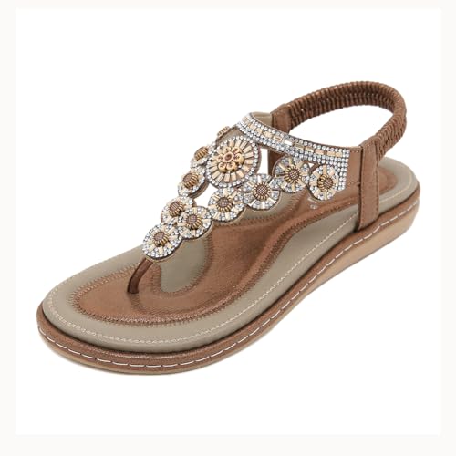 CLELLA Womenw Sandals Summer Sandalen Damen Zehentrenner Sandalen mit Strass Perlen (Braun, Erwachsene, Damen, 37, Numerisch, EU Schuhgrößensystem, M) von CLELLA