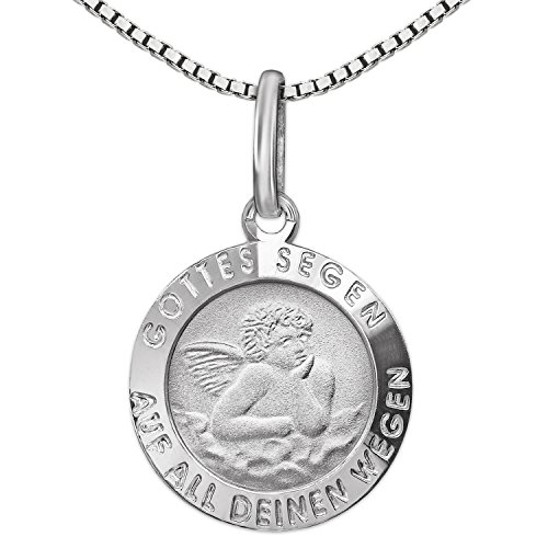 CLEVER SCHMUCK Silberner Kinder Anhänger Engel Ø 12 mm Gottes Segen Rückseite Zur heiligen Taufe & Kette Venezia 36 cm STERLING SILBER 925 für Mädchen und Jungen im Taufe Etui weiss von CLEVER SCHMUCK