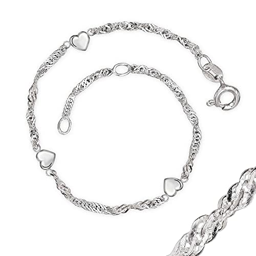 CLEVER SCHMUCK Silbernes Damen Fußkettchen Singapur 23/25 cm mit 3 kleinen beidseitig gewölbten Herzen Sterling Silber 925 im Etui Ich Liebe Dich von CLEVER SCHMUCK