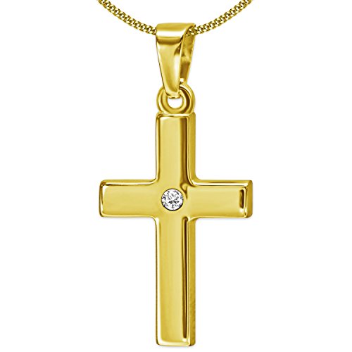 CLEVER SCHMUCK Set Goldener Mädchen Anhänger Kreuz 18 mm mit 1 Zirkonia in der Mitte schlicht glänzend 333 GOLD 8 KARAT und vergoldeter Kette Panzer 38cm im Kreuz-Etui von CLEVER SCHMUCK