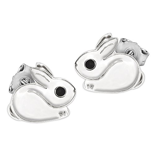 Clever Schmuck Silberne kleine Kinder Ohrringe als Ohrstecker Mini Hase 6 mm hockend Fell weiß und Auge schwarz lackiert glänzend STERLING SILBER 925 für Kinder von CLEVER SCHMUCK