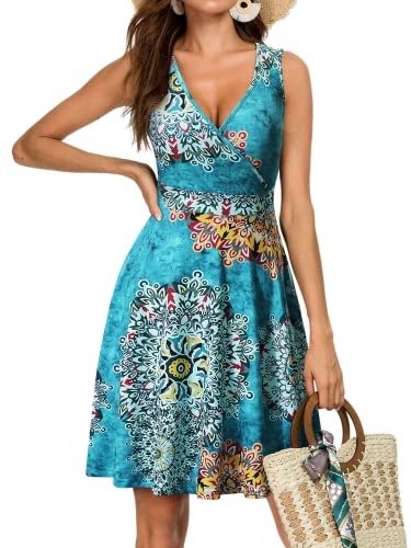 CLOUSPO Damen Sommerkleid Sommer Ärmellos Strandkleid mit V Ausschnitt Elegant Kleid Knielang Tankkleid für Strand(Blau, M) von CLOUSPO