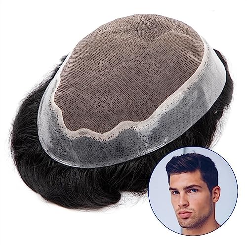 Echthaar Toupet für Männer Haarersatz-Perücken for Männer, Echthaar, Herren-Toupet, fein, mono, mit dünnem, klarem Pu-Haar, Toupet, 15,2 cm, atmungsaktiv, glattes Echthaar, Systemeinheit Perücke Männe von CLoxks