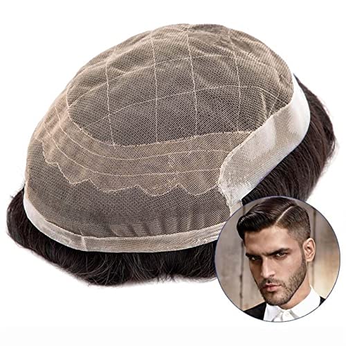 Echthaar Toupet für Männer Mens Toupee Men Wave Real Human Hair Toupee Atmungsaktive männliche Haarprothese French Lace Base mit PU um Herrenhaarsysteme Haarteil Perücke Männer (Color : Color 2, Siz von CLoxks