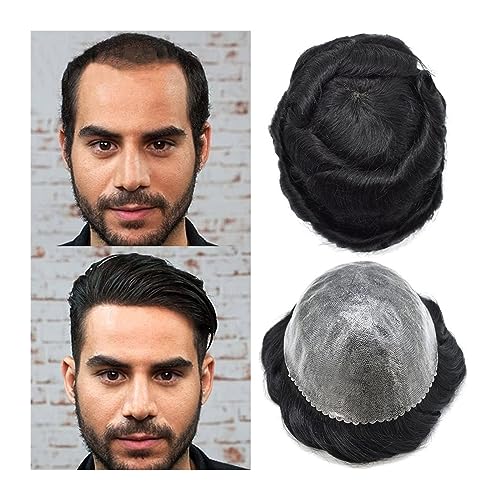 Herren Toupet Männer-Kapillarprothese, Voll-PU-Basis, indisches Echthaarsystem, eingespritzt, 0,10–0,12 mm dünne Haut, Herren-Toupet, 15,2 cm, natürliche Wellen, Herren-Haarteile Kurze Herrenperücke ( von CLoxks